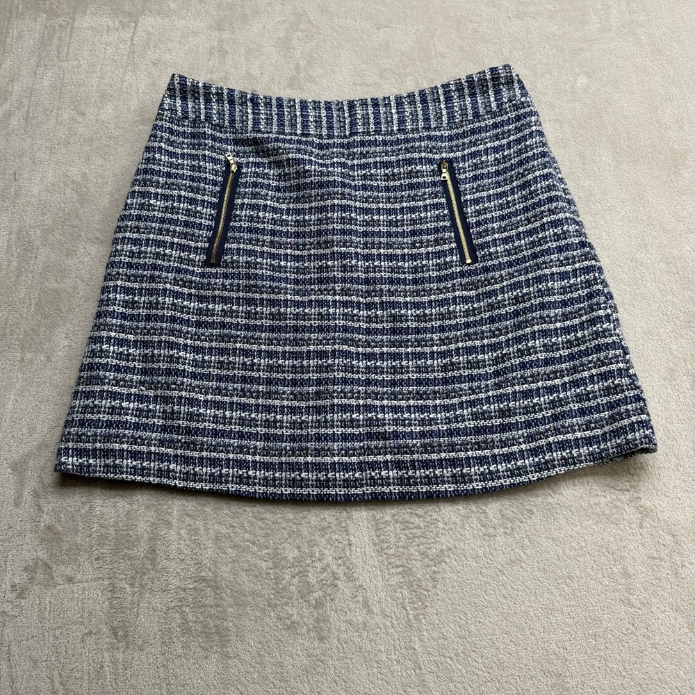 LOFT Tweed Mini Skirt Women's 12 Blue White Zipper Pockets A-Line Textured Woven